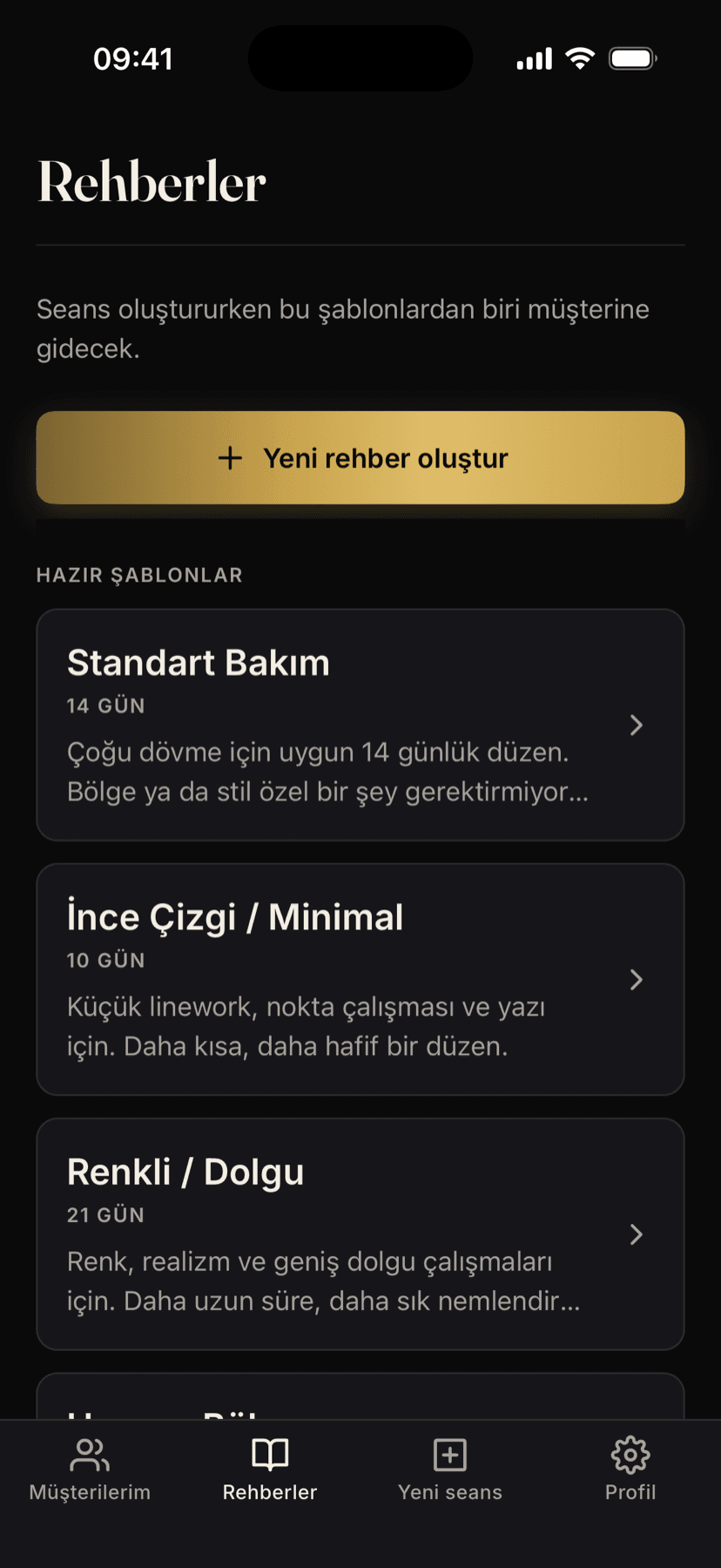Rehber şablonları listesi: Standart Bakım, İnce Çizgi, Renkli / Dolgu.